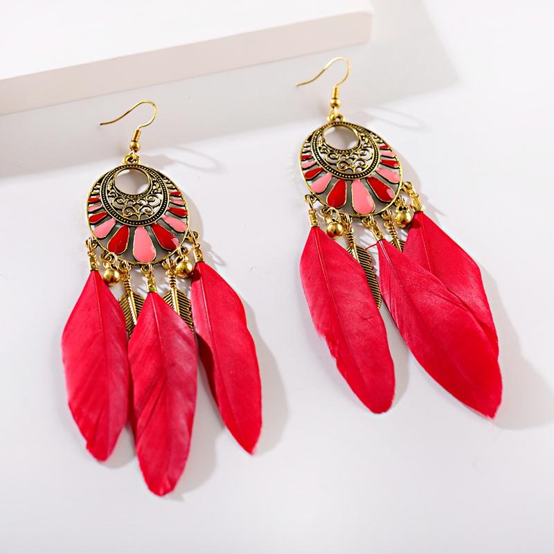 

Ethnic Boho Red Black Blue Multicolor Feather Earrings For Women Dripping Oil Metal Tassel Earrings Jewelry Accessories