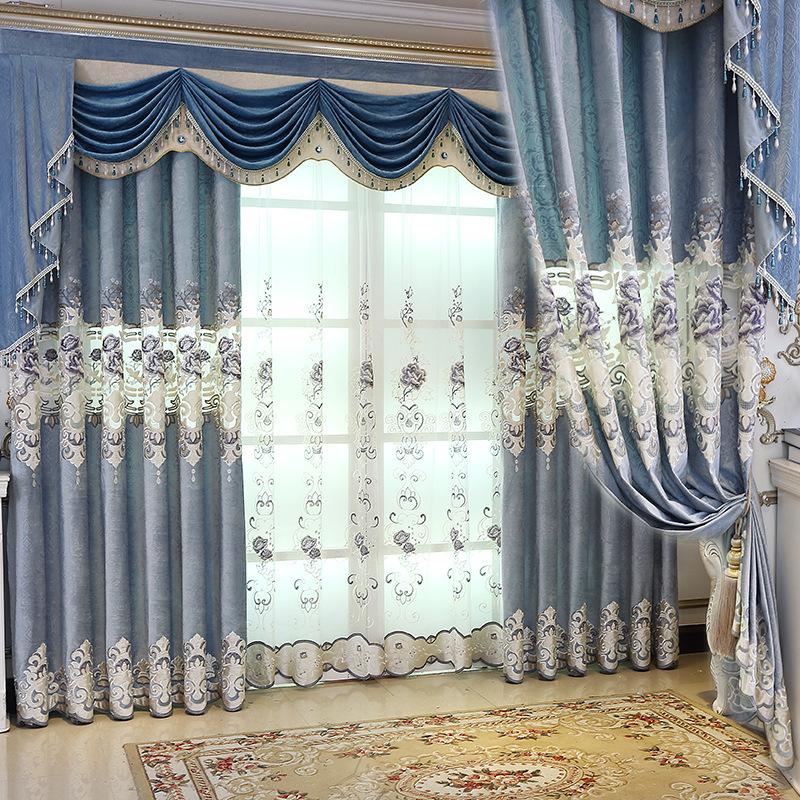 

Luxury Curtains for Living Dining Room BedroomEmbroidered Villa Water-soluble Hollow Italian Velvet Jacquard Blue Flower Curtain, Tulle