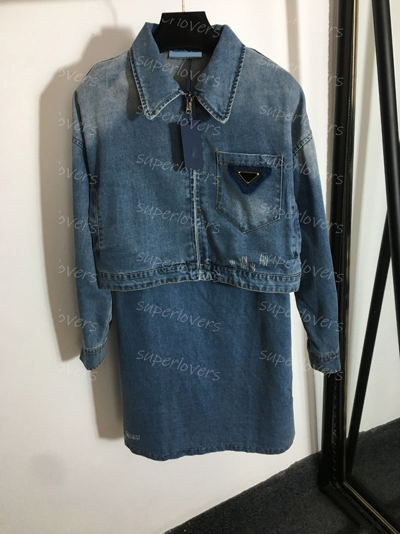 

Triangle Badge Denim Jacket Dress Sexy Charming Sling Dresses Womens Letters Design INS Fashion Jackets Dress Set, Jacket +dress set