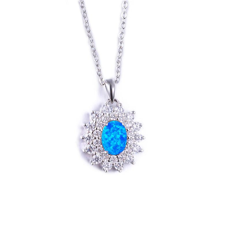 

Luxury Female Big Oval Pendants Necklaces Crystal Silver Color Necklace Blue White Fire Opal Necklaces For Women