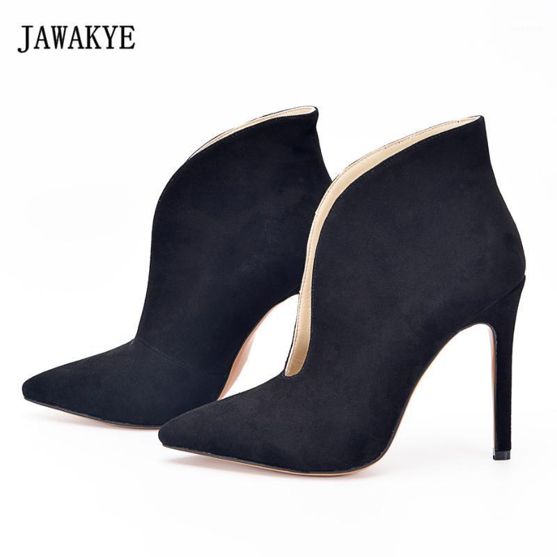 

JAWAKYE Women Black Suede Ankle Boots Woman Slip On High Heels Short boots Cut Out Designer Winter Shoes for Women1, Blue