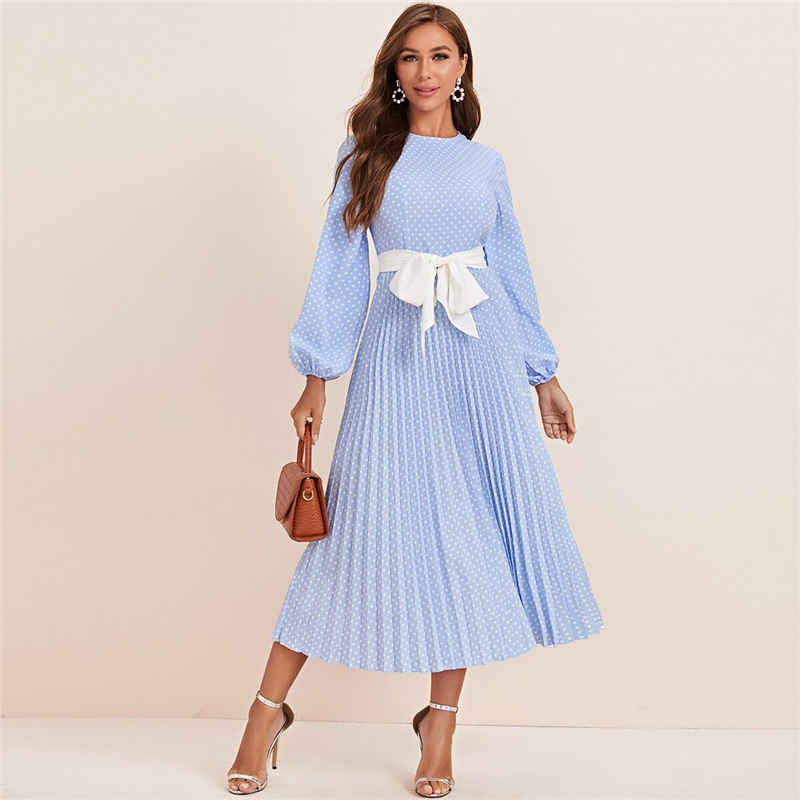 de ober Sandy rekruut Shein Abaya Blue Lantern Sleeve Polka Dot Geplooide jurk met riem vrouwen lente een lijn elegante hoge taille lange jurken 200928 de ober Sandy rekruut Shein Abaya Blue Lantern Sleeve Polka Dot Geplooide jurk met riem vrouwen lente een lijn elegante hoge taille lange jurken 200928