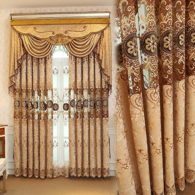

New Luxury European Chenille Cut Out Embroidery Curtains for Living Dining Room Bedroom.1, Coffee tulle