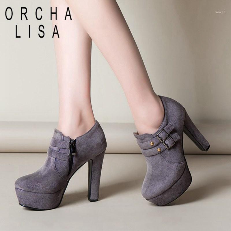 

ORCHA LISA 12cm block heel ankle boots for woman Platform high heels booties faux suade Autumn Shoes female party work shoes1, Black