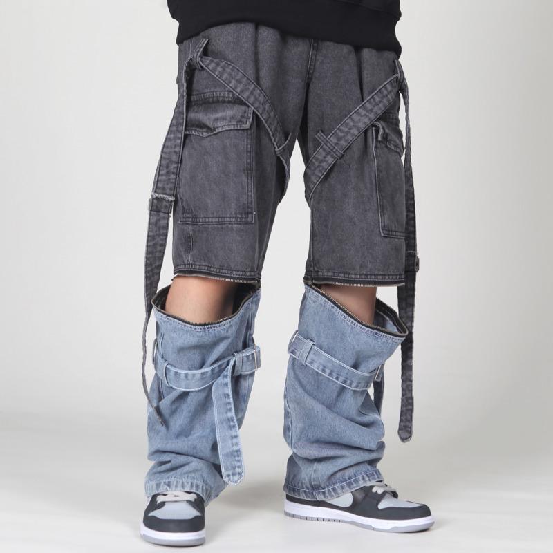 

EWQ / men's wear detachable zipper and patchwork jeans high street style washed and distressed straight trousers 2020 new 9Y3765, Black