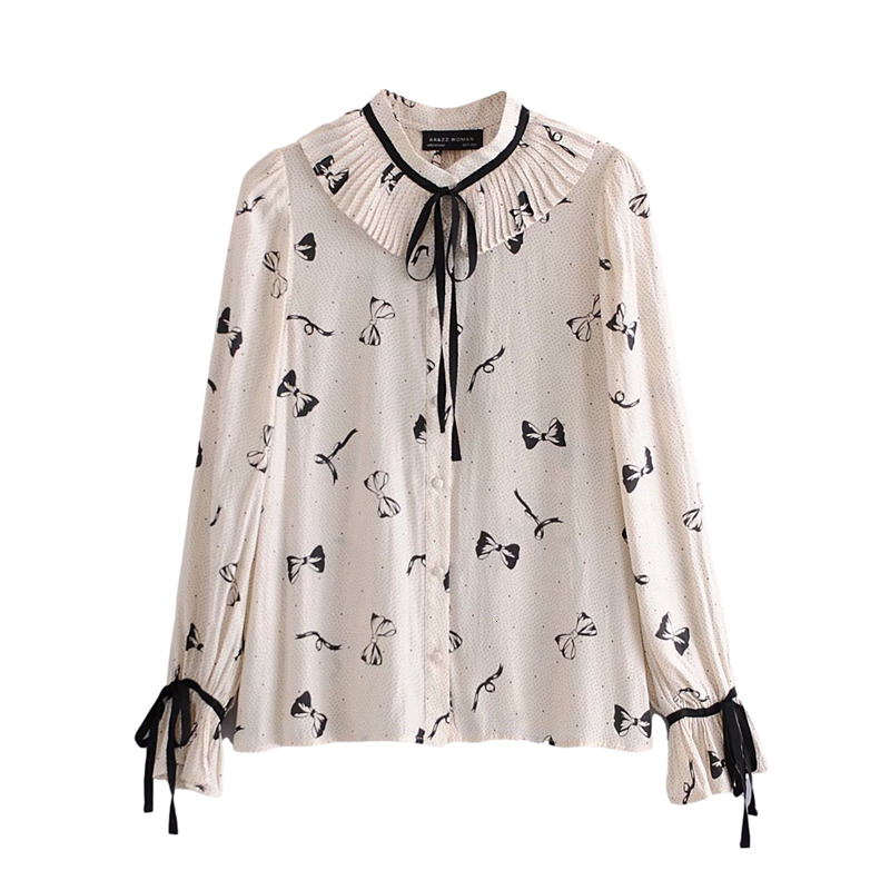 

2021 New Sweet Women Print Fashion Ladies Bow Collar Tops Elegant Female Ruffles Polka Dot Blouse Chic Girl Shirts Rz0y, White