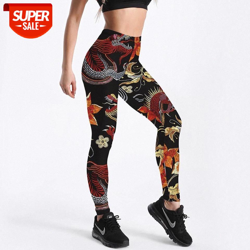 

Qickitout Fitness Leggings Women Workout Push Up Legging Fashion Digital Print Fire Dragon Flower Embroidery Jeggings Pants #yi1k, Black;white