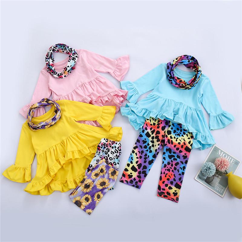 

Spring Toddler Baby Girl Clothes Sets Long Sleeve Solid Color Ruffle Dress Shirt Top+ Floral Tie Tie Print Trousers Pants+Scarf, Blue