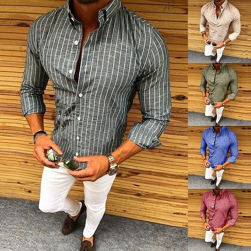 

2021 New Summer Shirt Long Sleeve Casual Fashion Polyester Striped Slim Fit Shirts for Men Clothing Qkg1, Blue
