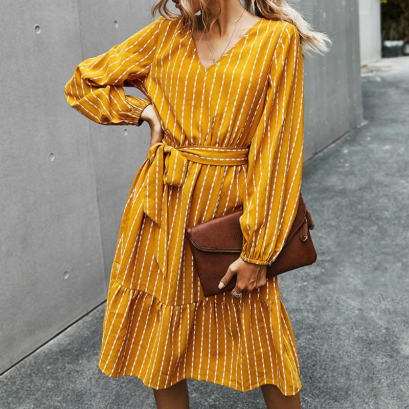 

Striped Print V-neck Party Dress Women 2020 Autumn Winter Long Sleeve Lace Up A Line Elegant Casual Female Dress Vestido Mujer, Burgundy
