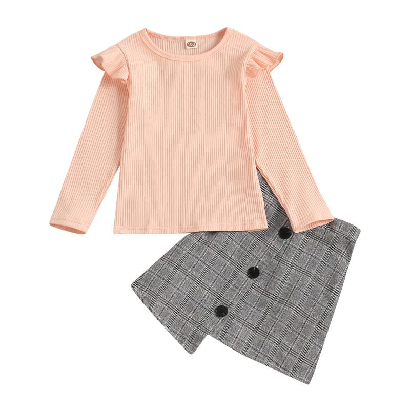 

Clothing Sets Toddler Kids Baby Girls Autumn Full Sleeve Ruched Top T-shirt Plaid Button Skirt Bow Knee-length Dress Children Clohes 12M-5Y, White