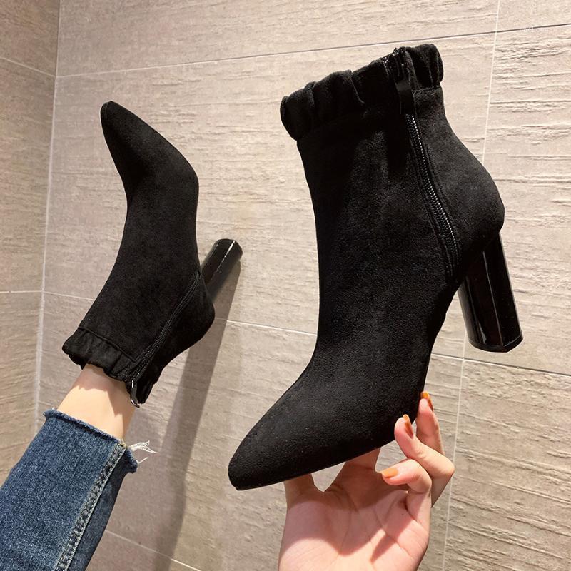 

European Sexy Pointed Boots High Heel Versatile Short Boots Thick Heel Elastic Women's1, Black