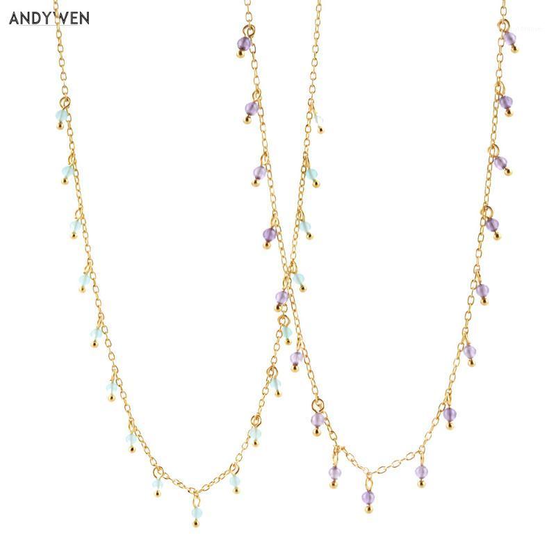 

ANDYWEN 925 Sterling Silver Gold Turquoise Charms Purple Zircon Chains Choker Necklace 2020 Rock Punk Jewelry Fashion CZ1