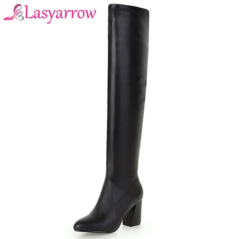 

Lasyarrow Zapatos Mujer Solid Black White Slip On Thigh High Long Boots Chunky High Heels Pointed Toe Over The Knee Boots