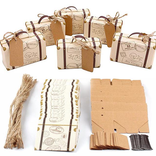 

100pcs Mini Suitcase Favor Party Favor Candy Box Kraft Paper with Tag Burlap Twine for Wedding/Travel Themed Party/Bridal Shower
