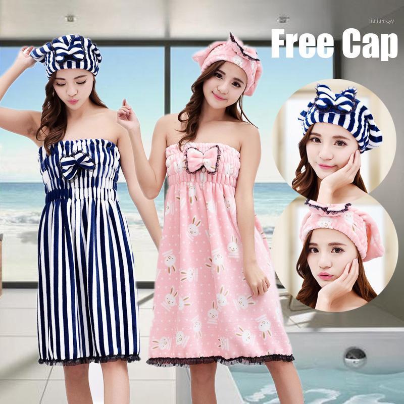 

Quick-drying Bathroom Bath Robe Wearable Microfiber Women Cute Bath Towel Super Absorbent Strapless Gown Cap1, Red cap