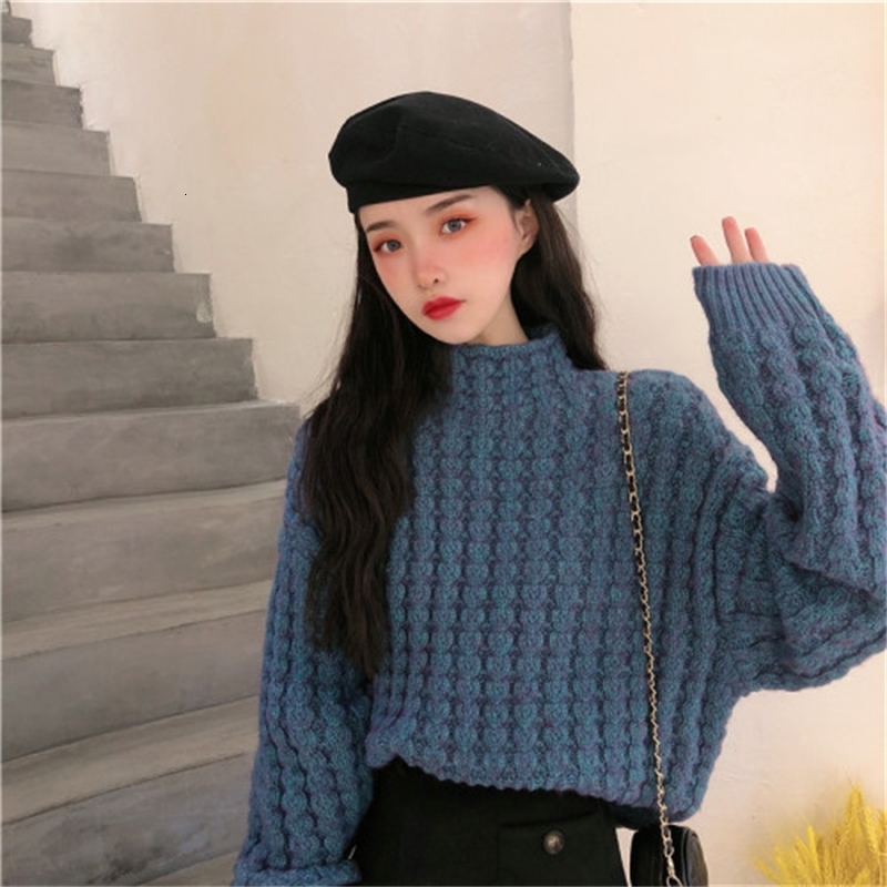 

2021 New Spring Girls Color Knit Women's Sweater the Neck Puff Shirt Ladys Tops Knitted or Crocheted Rf6w, Blue