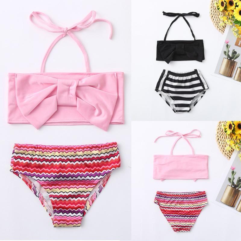 

Summer Baby Girls Bikini Split Swimsuit 2020 New Girls Bow Strip Print Vest Two Piece Swimsuit Kids Beach Outfits A4291