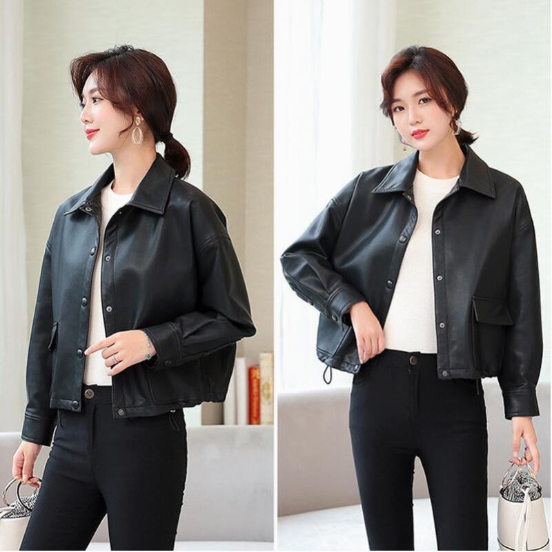 

Autumn Biker Street Clothing Girl Motorcycle Faux Leather Jacket Lady England Japan Style Long Sleeve Leatherwear Black Coat, Beige