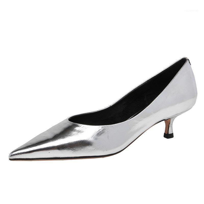

Low-heeled women's single shoes All-match high heels Genuine Leather Ladies 2020 fashion party shoes silver Pointed high heels1