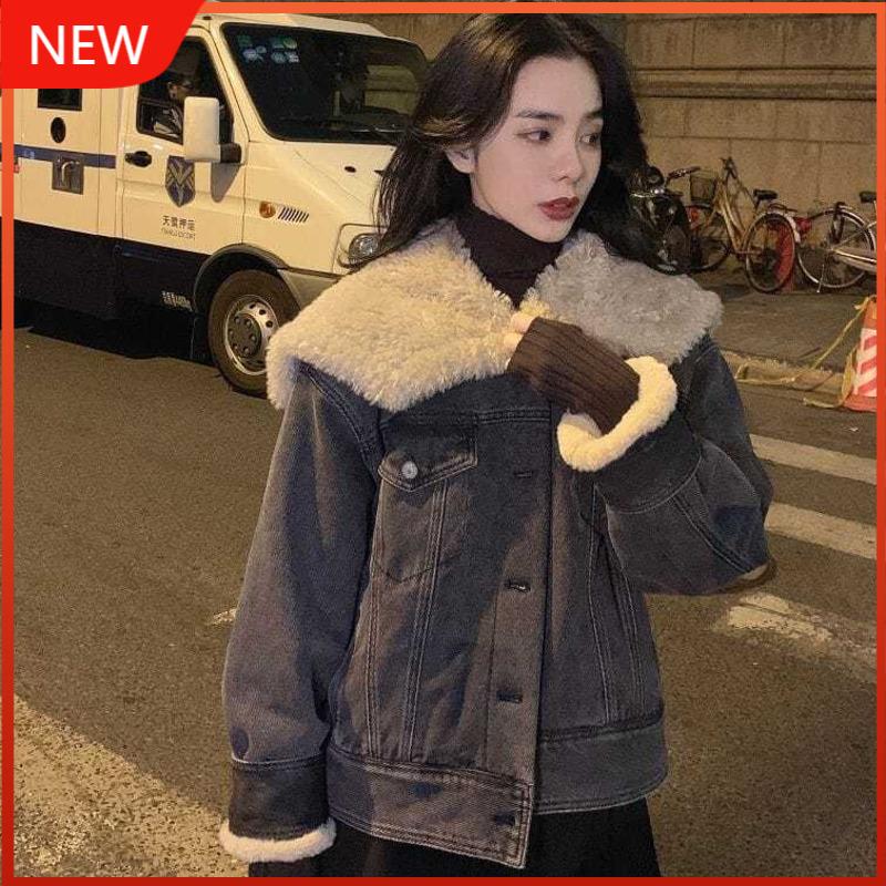 

Student Korean Winter Harajuku Chaqueta Mujer Streetwear New Loose Denim Bomber Jeans Jacket Women Top Coat Female, Dark gray