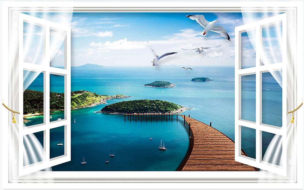 

3d photo wallpaper custom photo mural Window landscape small island seagull living room home decor 3d wall murals wallpaper for walls 3 d, Non-woven wallpaper