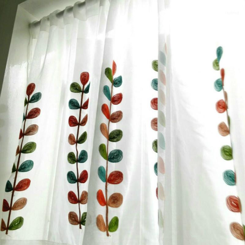 

DUNXDECO Sheer Curtain Kitchen Curtains Nordic Fresh Leaves Plant Embroidery Cortinas Store Decoration Kitchen Half Tulle Rideau1, As pic
