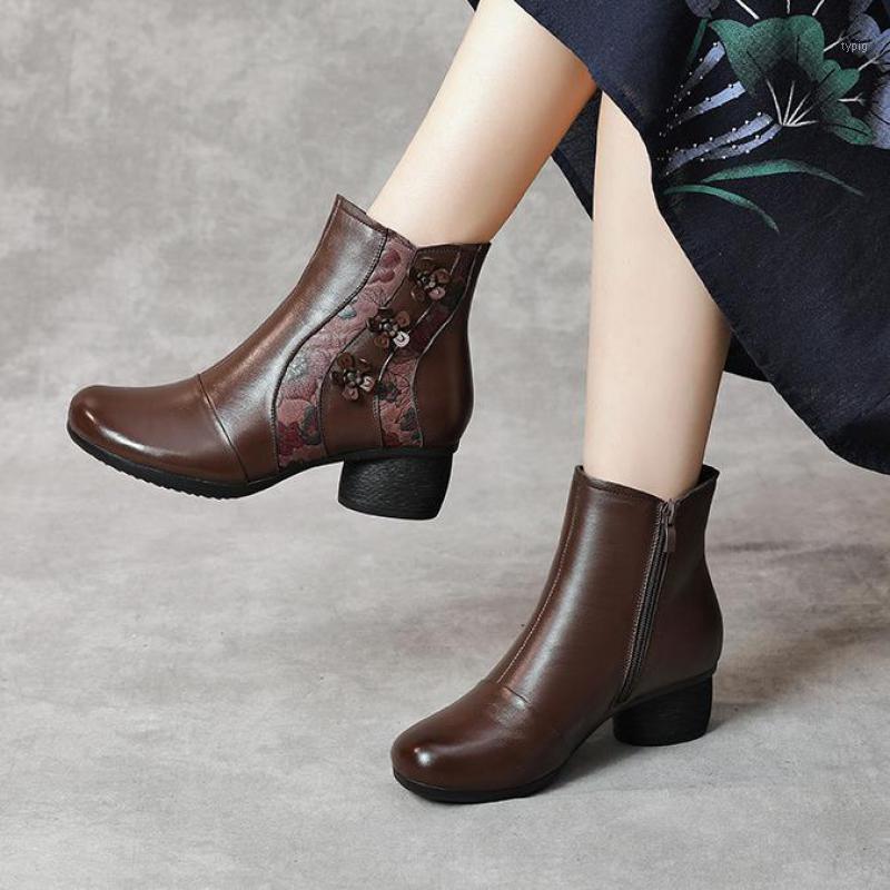 

Johnature Genuine Leather Print Women Shoes Platform Boots Zip Round Toe Winter Sewing Handmade Concise Flower Ladies Boots1, Black