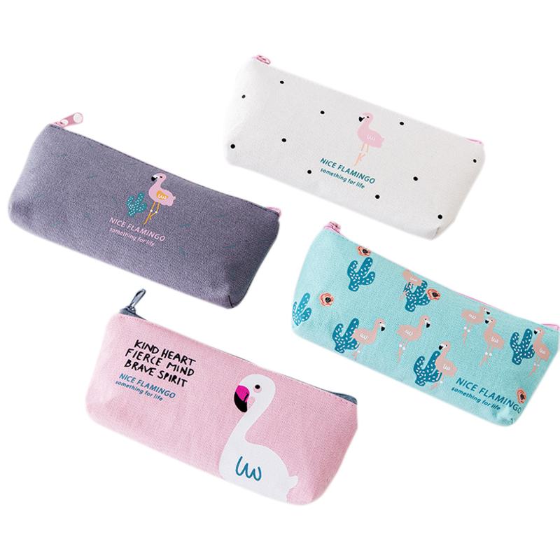 

1PC Party favor Cute Kawaii Pencil Case for Girls Flamingos Canvas School Supplies Kids Korean Pencil Bag School Pen Box