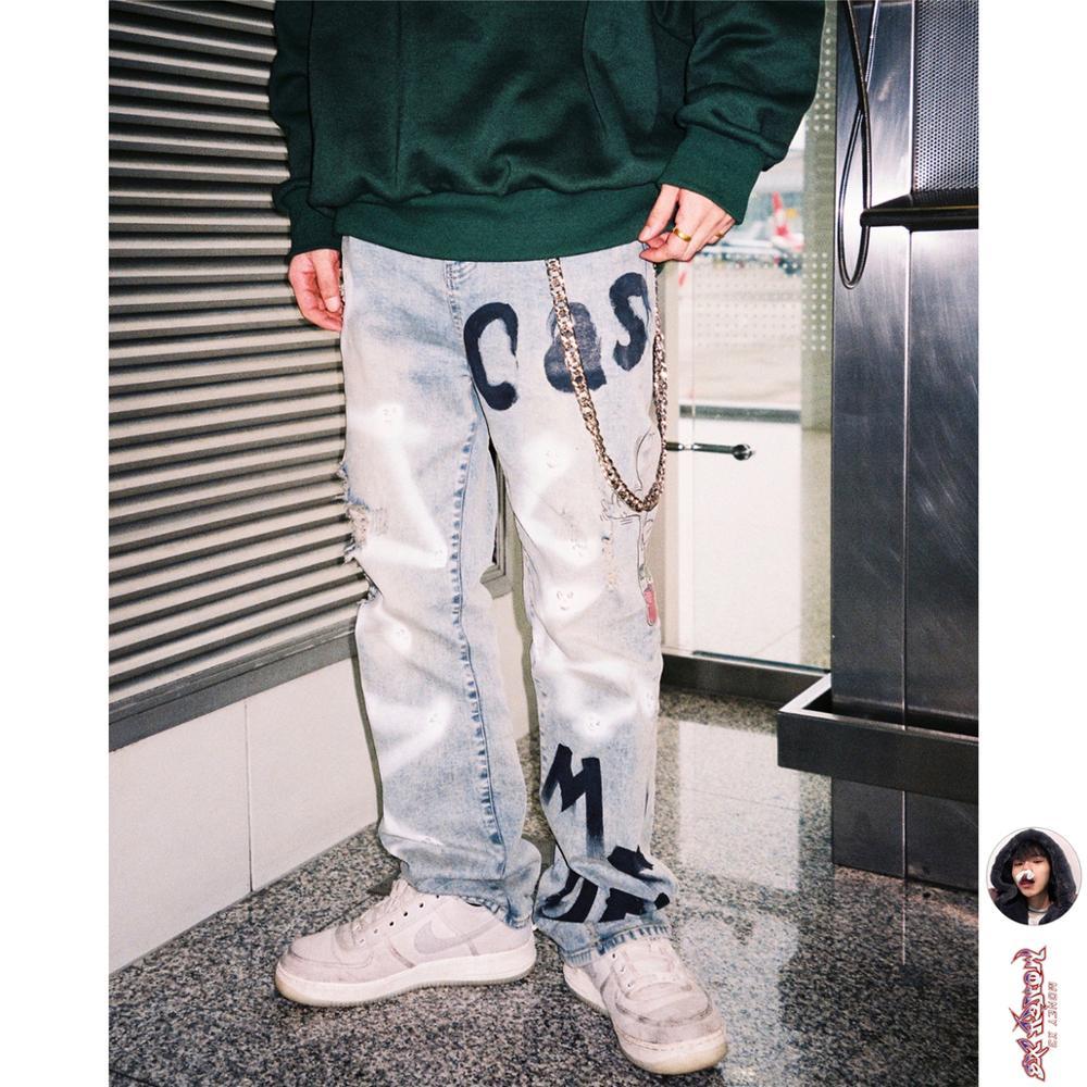 

2021 New Men in Spring of Pure Manual Printed Graffiti Hand-painted Torn Casper Jeans OQ6S, Blue