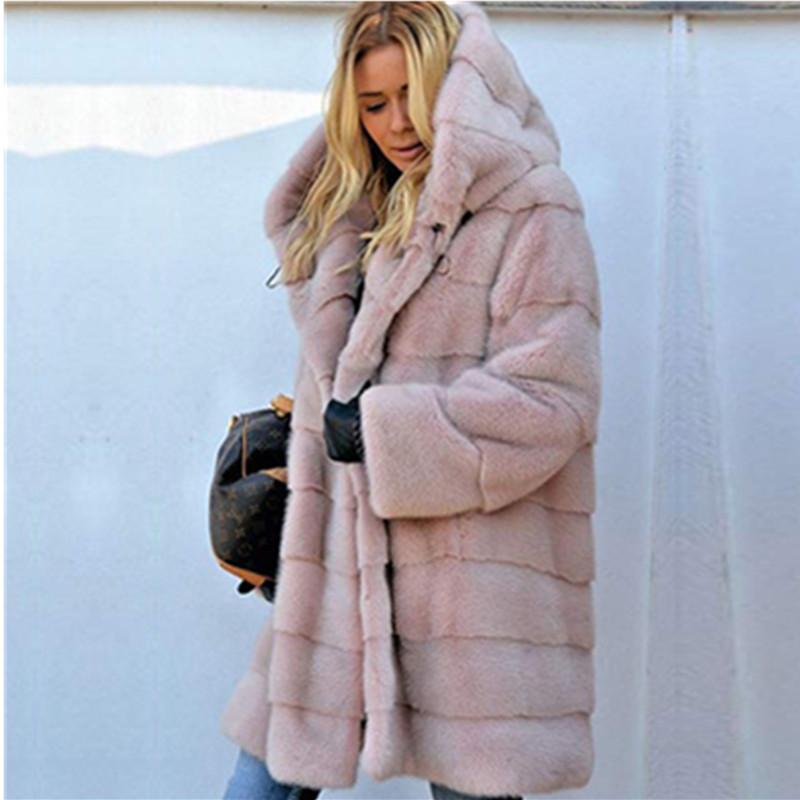 

Winter Fashion Faux fur coat Women Loose Warm Hooded Fur jacket Long Coats Female Fluffy Soft Casual Coat Thick Overcoat 5XL, Pink