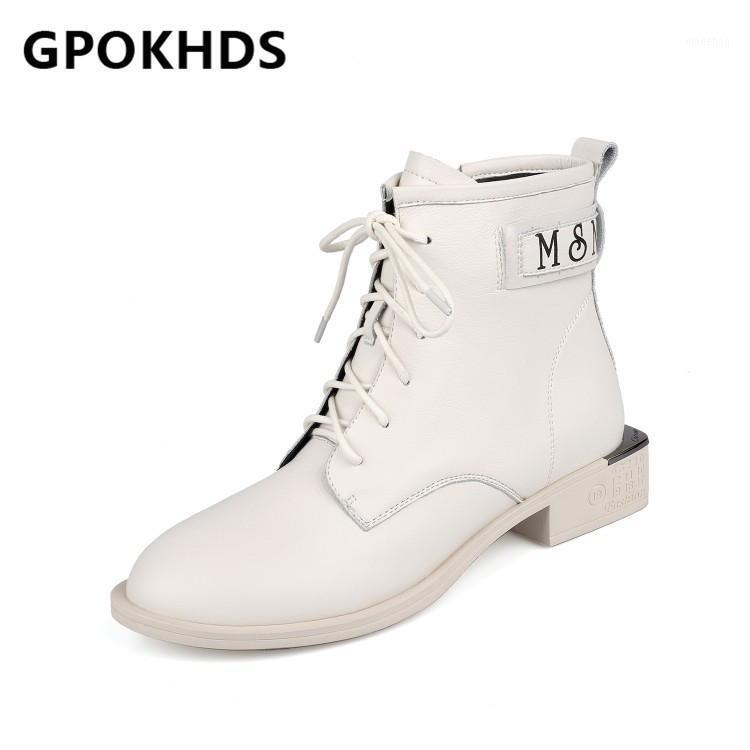 

GPOKHDS 2021 women Ankle boots Cow leather Winter short plush Round Toe Zipper Med heels female boots size 401, White