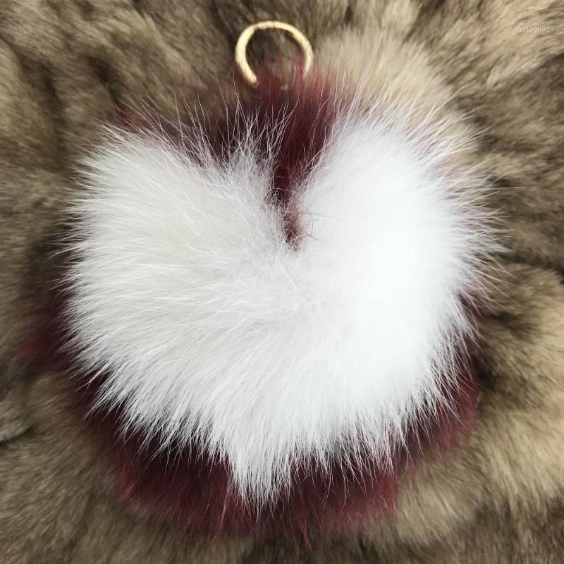 

Keychains Magicfur - 15cm Large Real Fur Ball Fluffy Pompom Burgundy W White Heart Shaped Purse Charm Keychain Pendant1