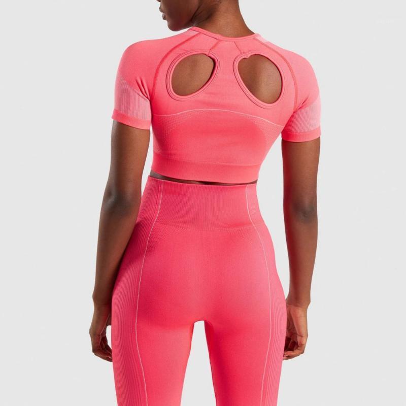 

Seamless Yoga Set Tracksuit Short Fitness Clothing Sportwear Short Sleeve Crop Top High Waist Gym Shorts 2 Piece Set Women1, Pink shorts