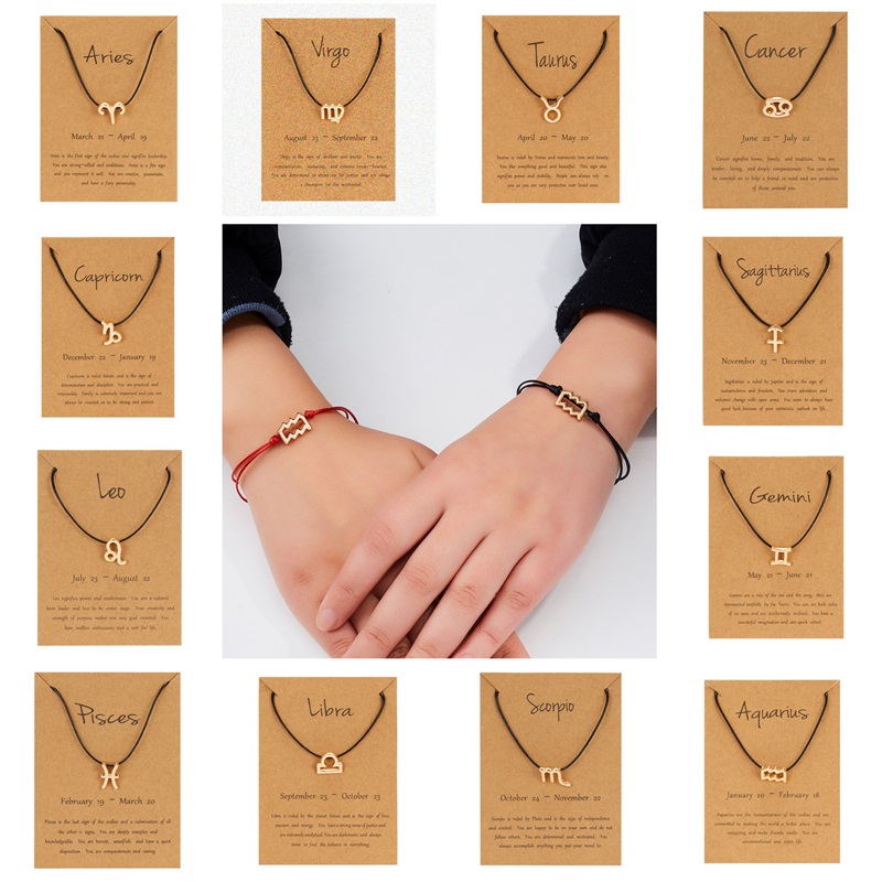 

New 12 Zodiac Sign Couple bracelets with Card Constellation Horoscope Charm Red Black Rope chains Bangle Women Men Fashion Jewelry 317 G2, Golden;silver