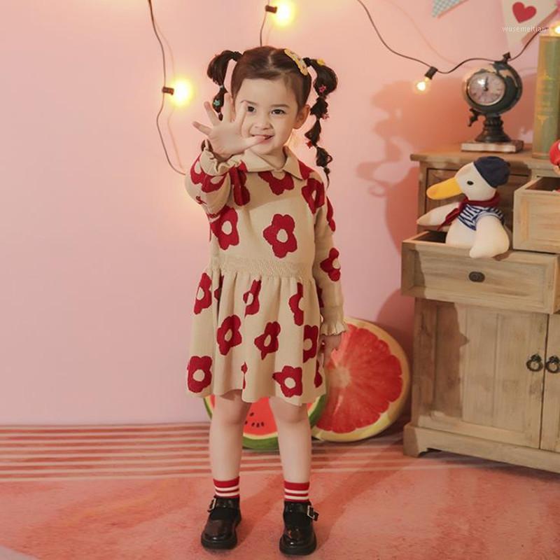 

DFXD 2021 Spring Children Clothes Long Sleeve Knit Princess Dress For 2-8Yrs Wedding Party Kids Girl A-line Flower Sweater Dress1