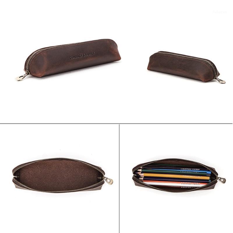 

Retro Cowhide Leather Zipper Pencil Case Business School Office Pen Bag Pouch1