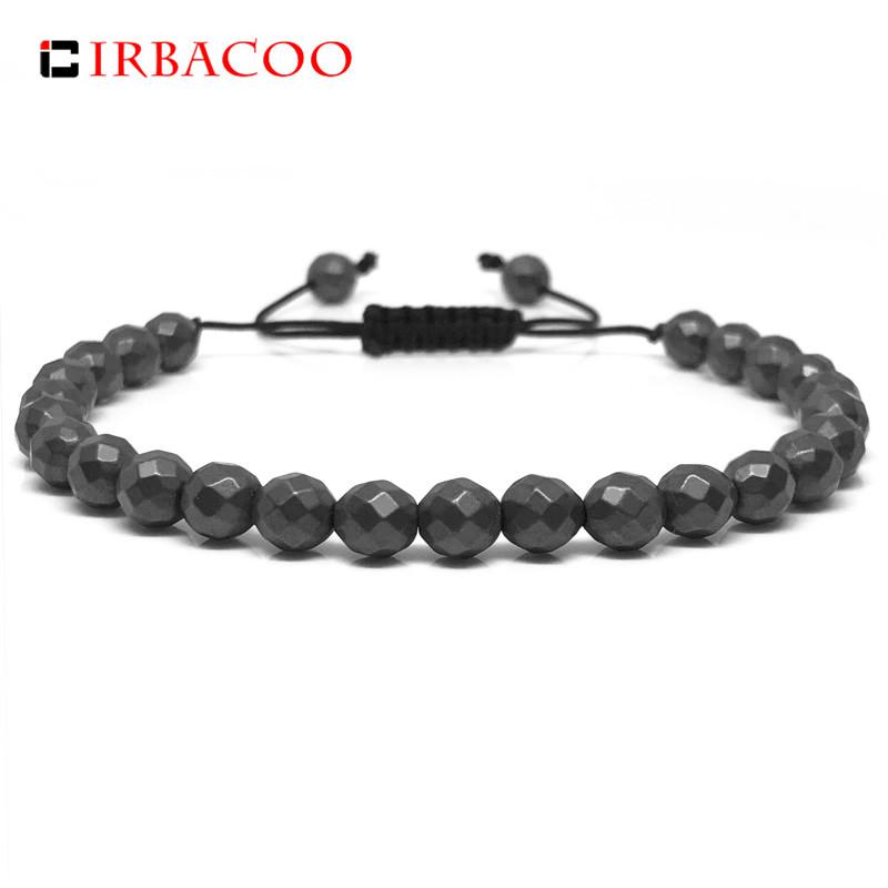 

IRBACOO 2020 New Fashion Men Bracelet 6mm Cut Matte Hematite Stone For Men Women Braided Macrame Bracelets Jewelry Gift
