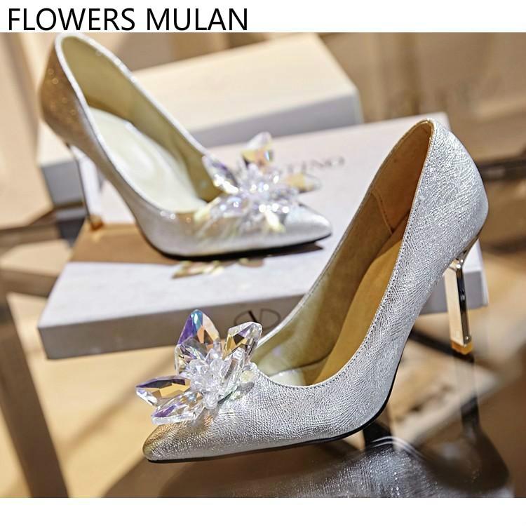 

Luxury Silver Leather Grey Princess Crystal Shoes Woman Pointed Toe Transparent Rhinestone Zapatos De Mujer Slip On Wedding Pump, As shown