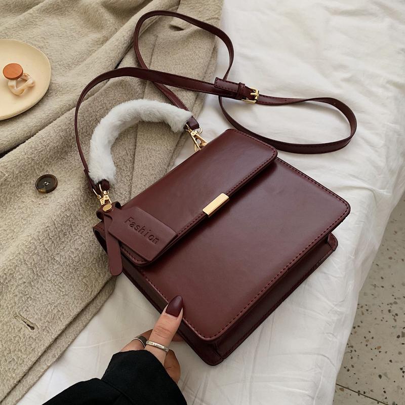 

Vintage Fashion Female Plush Tote Bag 2021 New high quality PU Leather Women's Designer Handbag Casual Shoulder Messenger Bag, Black