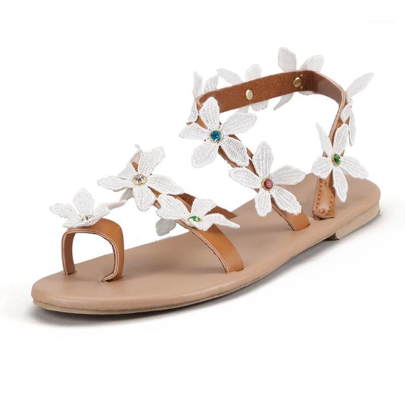 

Women Flower Sandals 2020 Summer Flat Shoes Pearl Sandals ladies String Bead Slippers Women's Casual roman beach shoes#4071, Wh