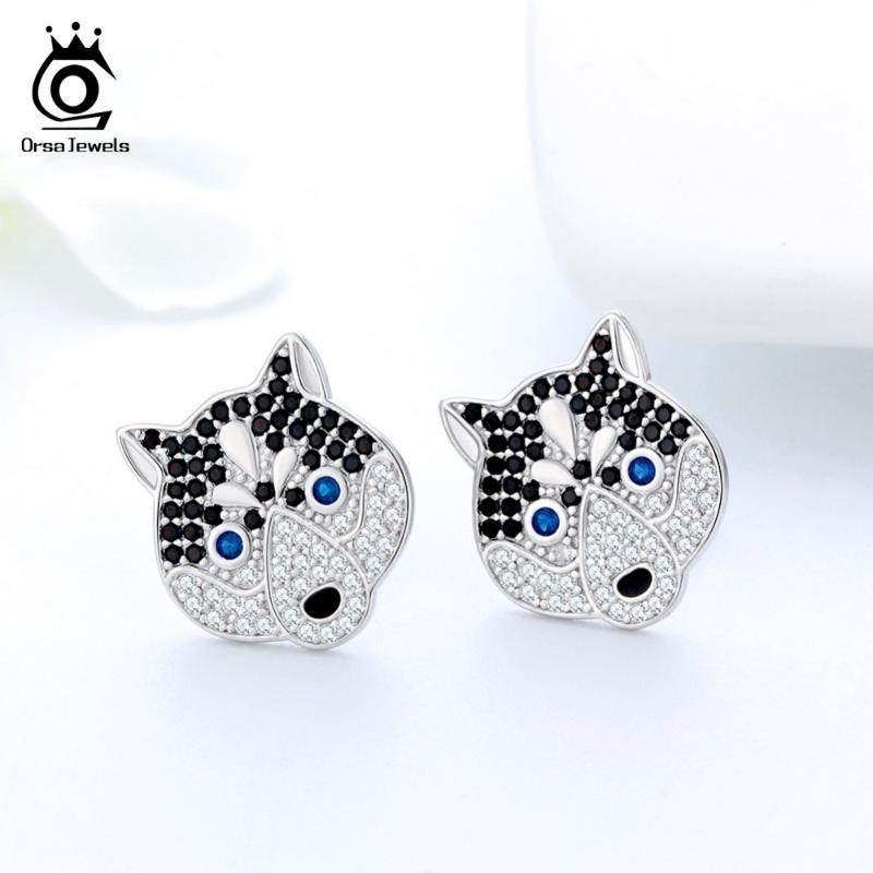 

ORSA JEWELS 925 Sterling Silver Cute Dog Pattern Husky Women Stud Earrings Colorful CZ Lucky Earrings Fine Jewelry ASE120