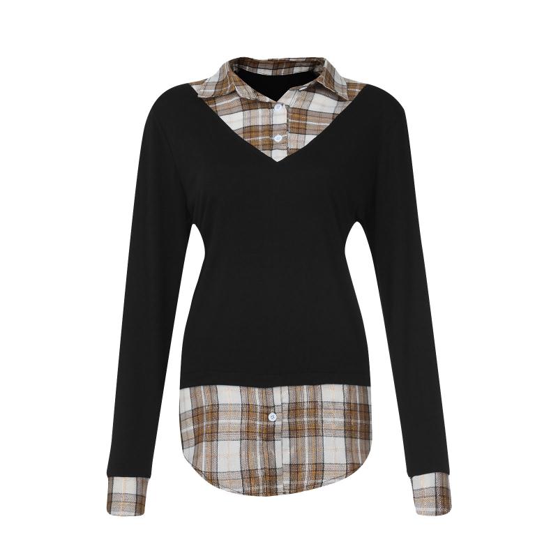 

2021 autumn and winter fashion women fake two-piece black plaid stitching long-sleeved all-match tops classic casual tops new, Or