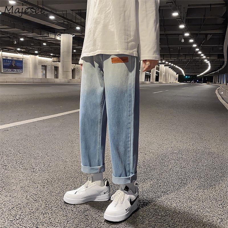 

Men Jeans Patchwork Gradient Color Retro Straight Loose Leisure Chic Korean Style Denim Punk All-match Trendy Trousers Cowboy, Black