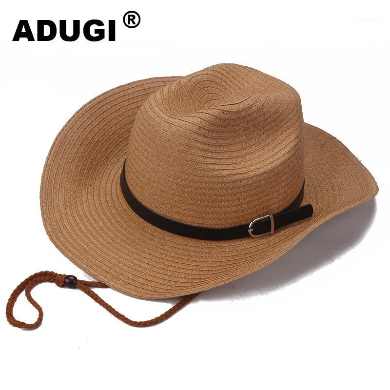 

ADUGI Spring and Summer Cowboy Hat Big Edge Collapsible Shade Sunscreen Male Hat Knight Windproof Male Sun Straw1, Beige