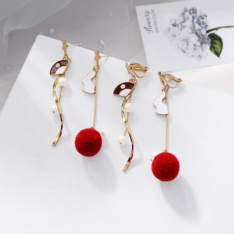 

Dangle & Chandelier BALANBIU Japanese Style Women Drop Earrings Enamel Folding Fan Acrylic Pearl Cute Pompon Asymmetric Gold Color Earrings1