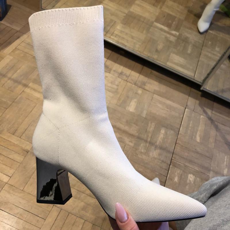 

Fashion Autumn Women Beige Yarn Elastic Boots Stretch Fabric Ankle Boots Winter Chunky Medium Heels Socks Plus Size Shoes