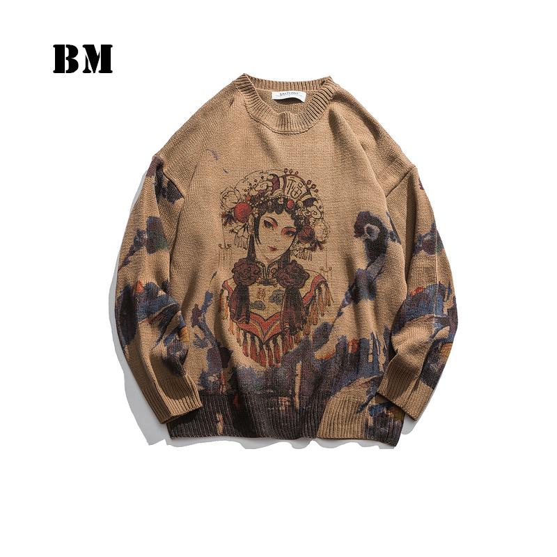 

2021 Chinese Style Opera Print Fashion Couple Sweater Winter Harajuku Pullover Men Clothing Streetwear Loose Casual Top Male, Brown