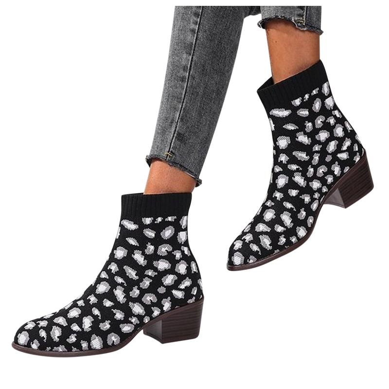 

Women's Chunky Heel Knitted Elastic Boots Children Leopard Print Shoes Women's Autumn Boots Leather Platform Shoes Fashion Femal, Gn