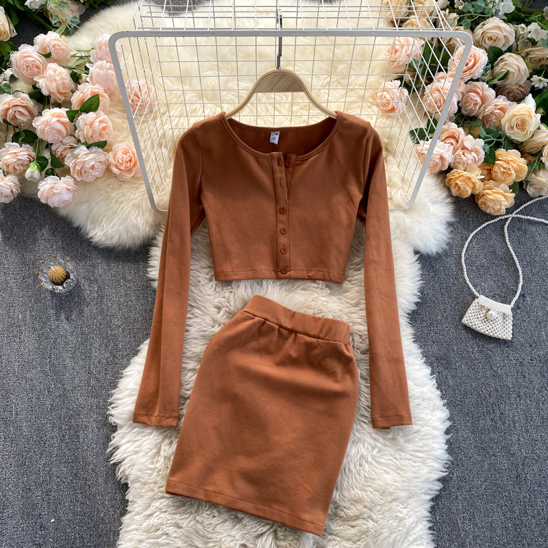 

2021 New Female autumn suit the neck long single-breasted short tops sexy solid high skirt pieces together TOE8, Brown